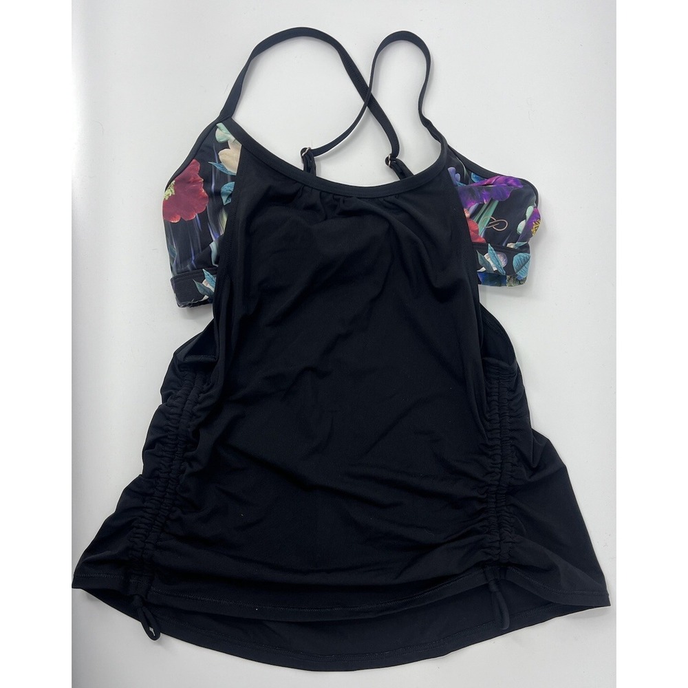 Calia Black Floral Workout Tank Shirt Built in Bra Size Small Adjustable Straps